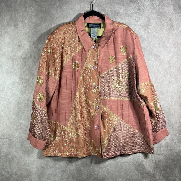 Indigo Moon Jacket Womens Size 3X Pink Floral Patchwork Sequin Artsy Mature Boho - Picture 1 of 9